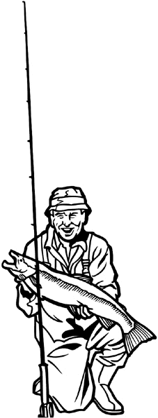 Man displaying large fish vinyl sticker. Customize on line. Fishing 038-0085